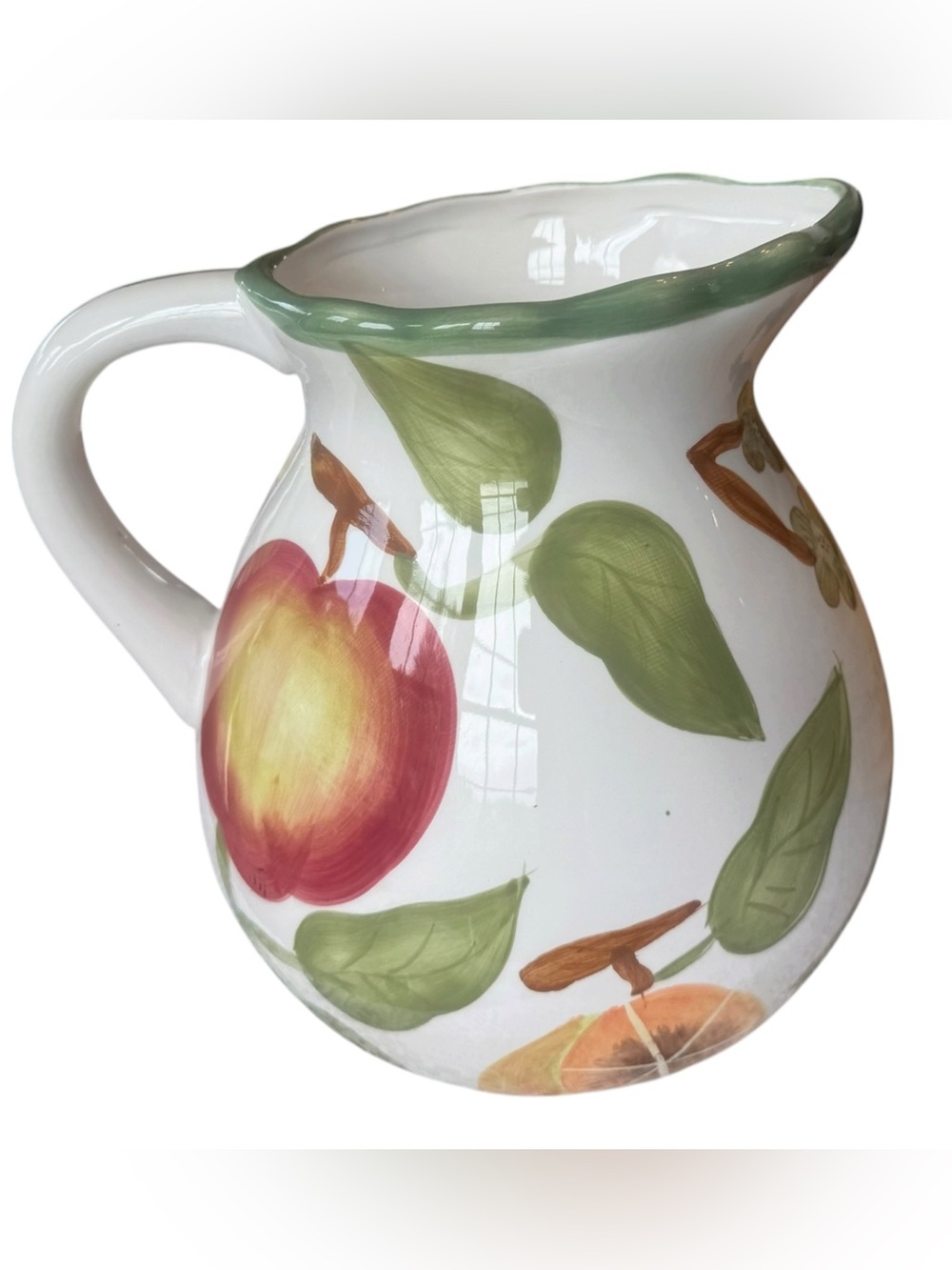 American Atelier White Ceramic Pitcher with Green Rim and Fruit Motif